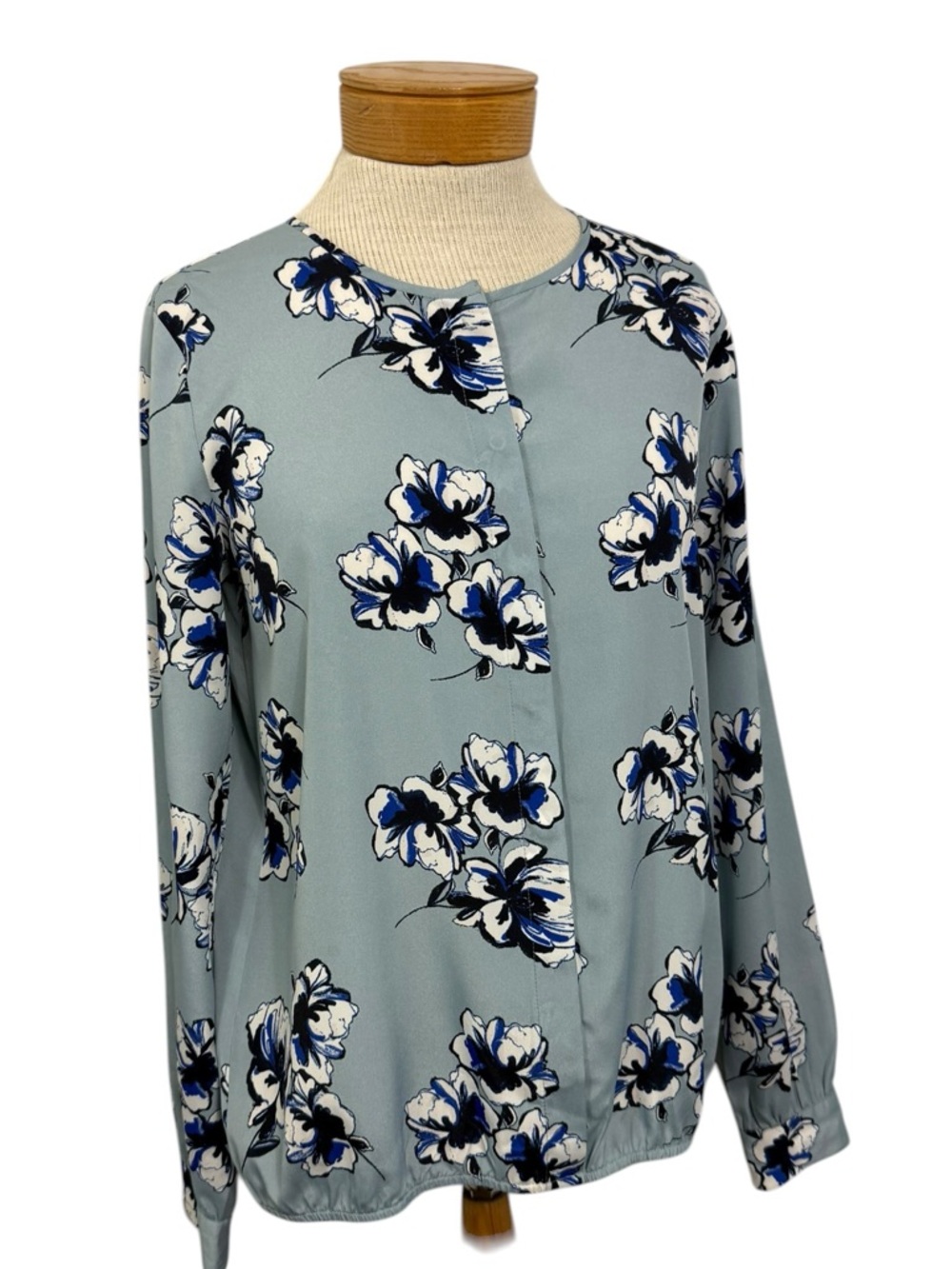 Ann Taylor Floral Blouse Smokey Blue Long Sleeve Elastic Hem Top - Size XS
